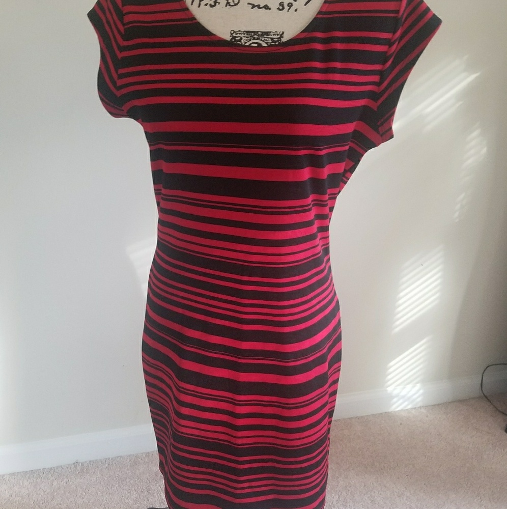 Red and black striped dress.